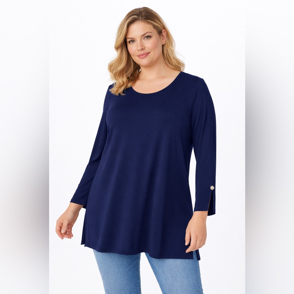 Susan Graver Liquid Knit Tunic Top 2X Navy Button Cuff A Line